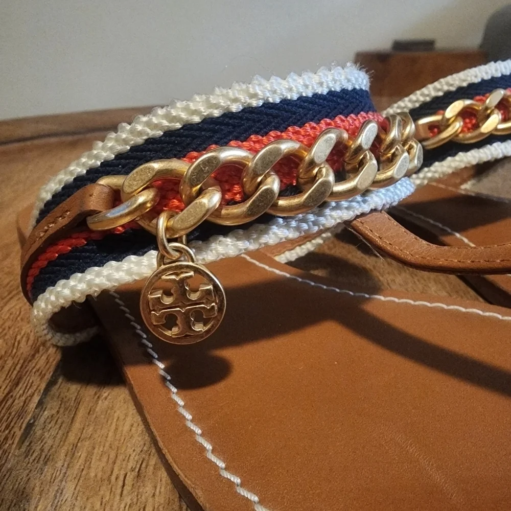 Tory Burch Striped Mini Benton Chain Band Thong Sandals Womens Sz 9